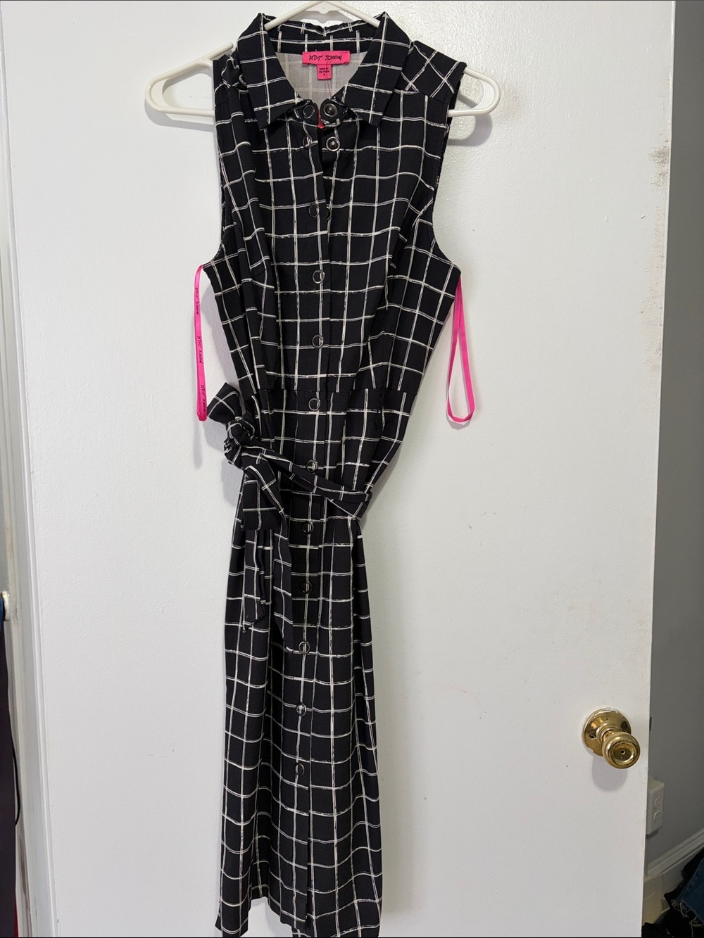 Betsey Johnson Black and White Grid Sleeveless Shirt Dress with Tie